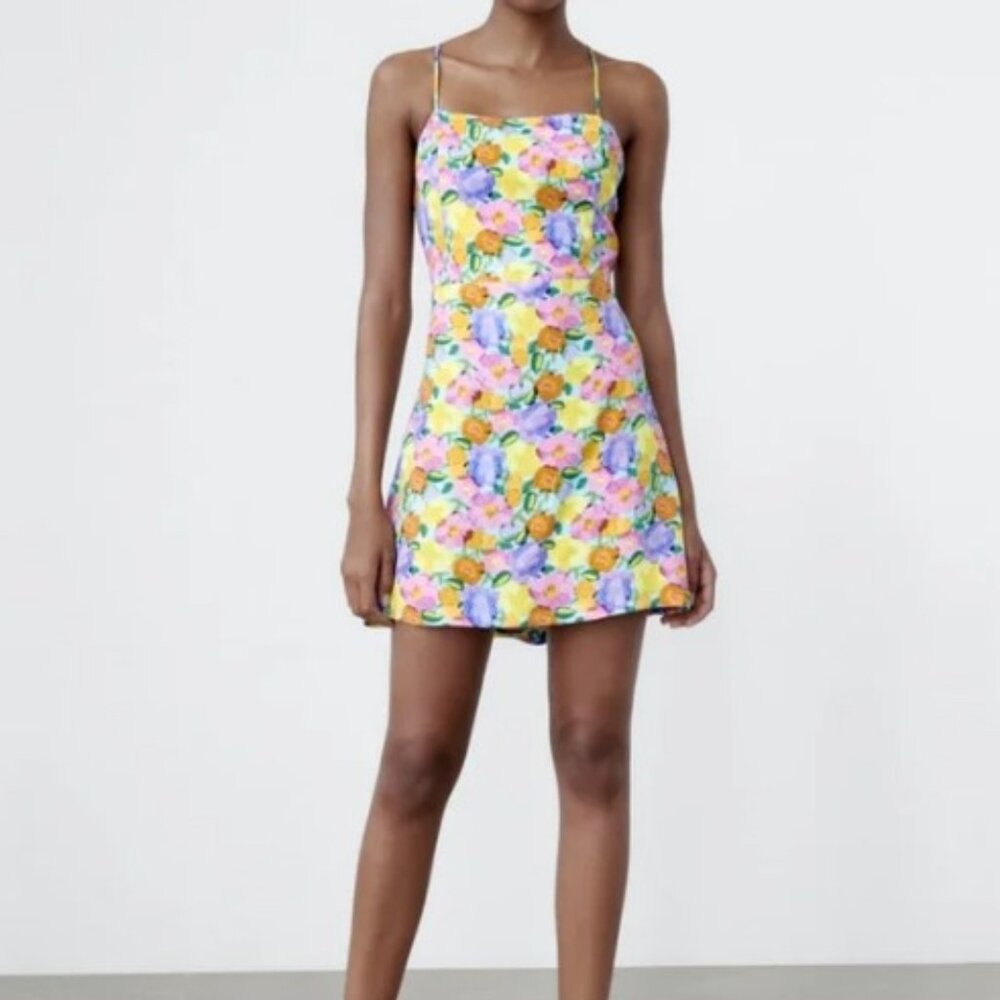Zara Floral Mini Dress Satin low back hidden shorts size XXL Feminine Vacation - Picture 3 of 16